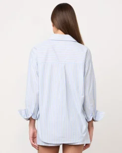 MONROW Stripe Poplin Oversized Shirt BLUE/YELLOWSTRIPES New